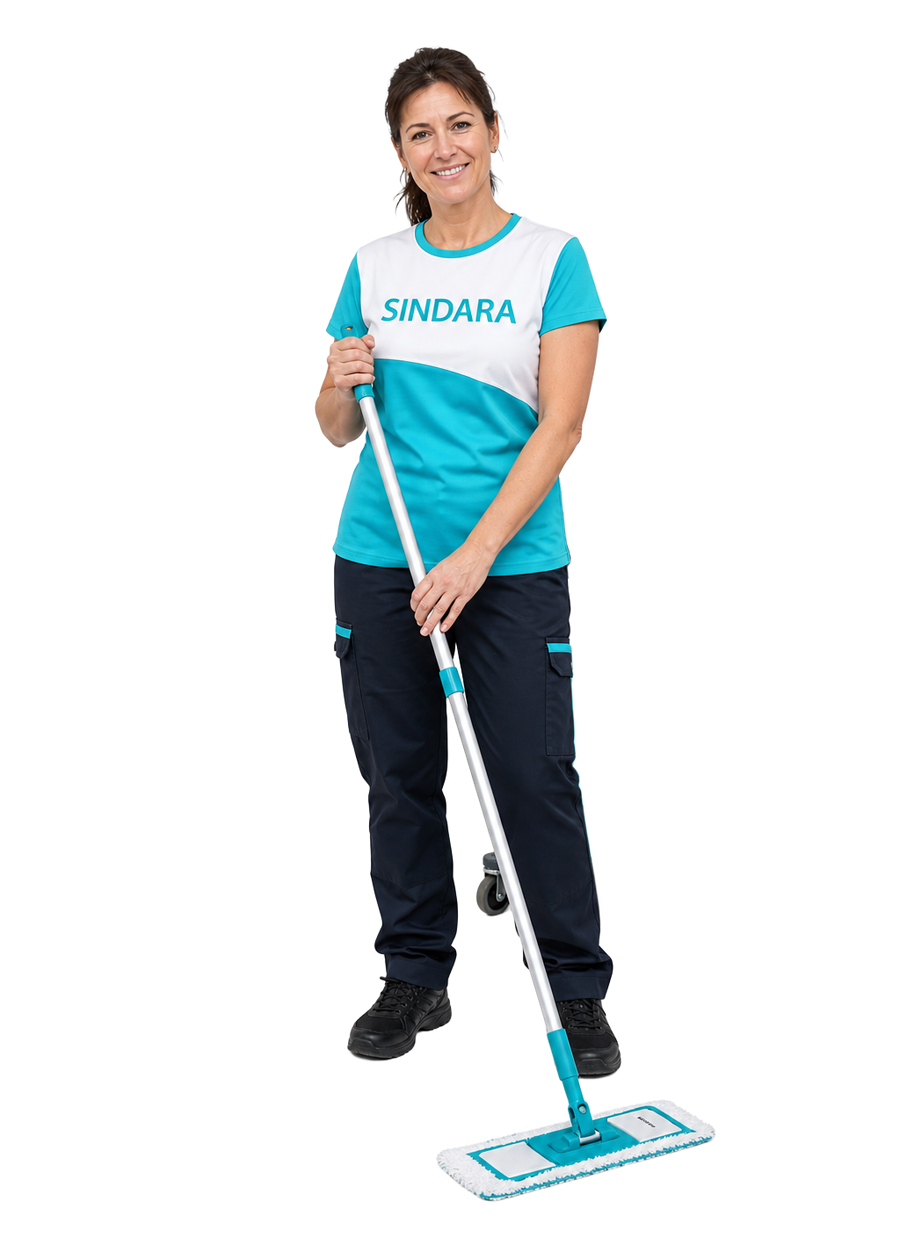 Limpiadora de Sindara Limpiezas fregando el suelo con camiseta corporativa